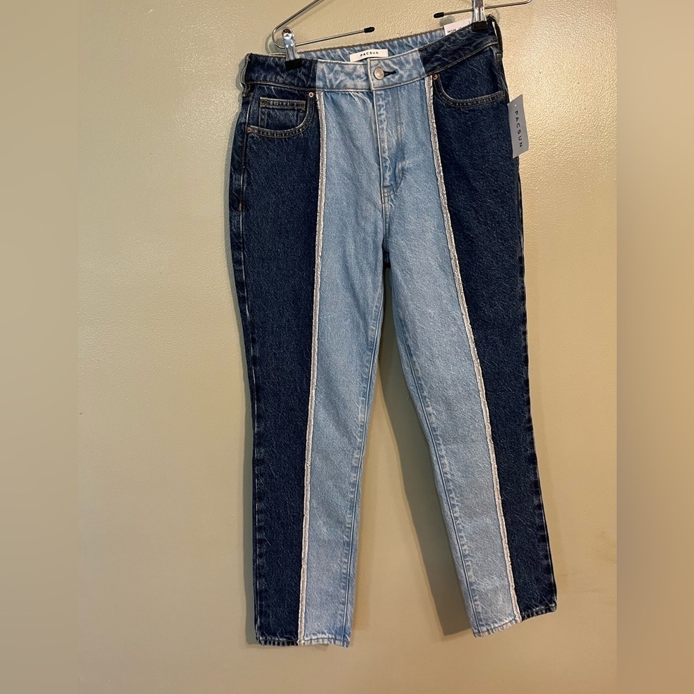 Pacsun Womens 100% Cotton Patch Work Color Block Blue Mom Jeans Size 27 NWT